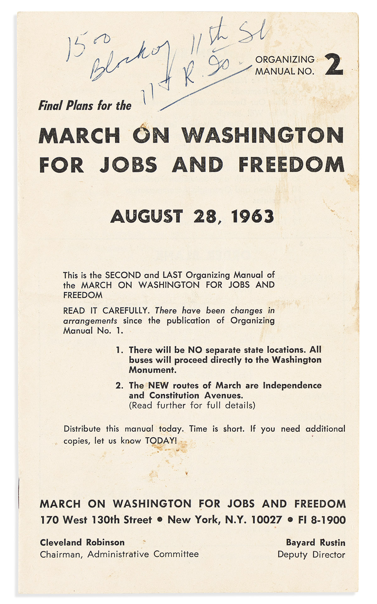 (CIVIL RIGHTS.) Final Plans for the March on Washington for Jobs and Freedom. Organizing Manual No. 2.